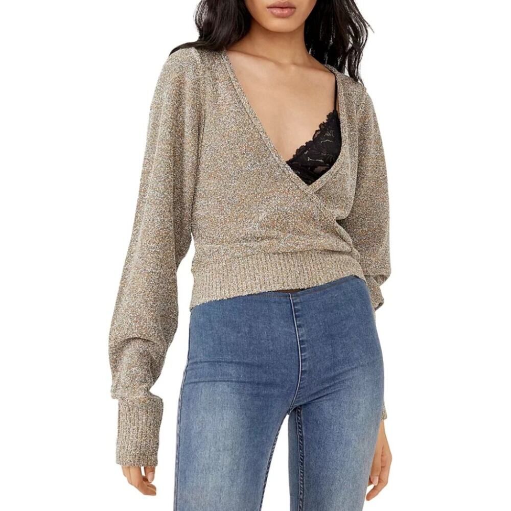 Free People Going For Gold Sweater Slouchy Faux Wrap Metallic Boho Cozy S